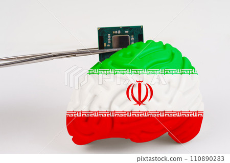 On a white background, a model of the brain with a picture of a flag - Iran, a microcircuit, a processor, is implanted into it. On a white background, a model of the brain with a picture of a flag - Iran, a microcircuit, a processor, is implanted into it. 110890283