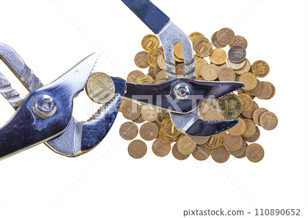Allegory of the global financial crisis - Iron 10 rubles coin (written ten rubles, the Bank of Russia) in the grip of economic crisis, on a white background. Finance and business concept 110890652