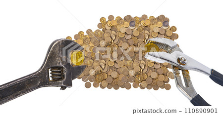 Allegory of the global financial crisis - Iron 10 rubles coin (written ten rubles, the Bank of Russia) in the grip of economic crisis, on a white background. Finance and business concept 110890901