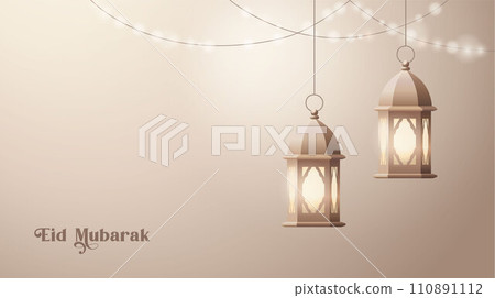 Hanging golden Moroccan lanterns at night. Glittering party garlands. Glowing vintage fanous. Blurred background, bokeh lights. Ramadan kareem, eid mubarak. Eastern holiday design. Vector illustration 110891112