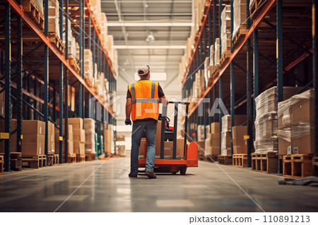 Warehouse Worker Operating Forklift Amidst Aisles with Packaged Goods Warehouse Worker Operating Forklift Amidst Aisles with Packaged Goods 110891213