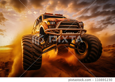 Monster Truck driving off-road outdoors Monster Truck driving off-road outdoors 110891230