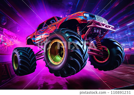Neon-Lit Monster Truck in Action in Mid-Air Neon-Lit Monster Truck in Action in Mid-Air 110891231