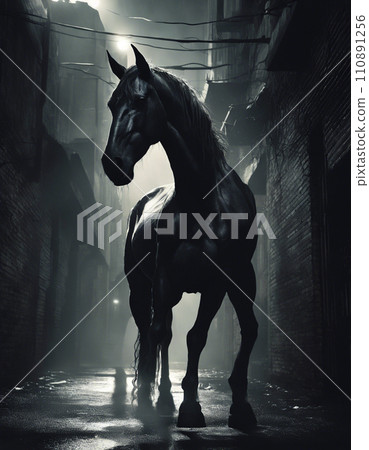 A horse wandering through the city at night 110891256