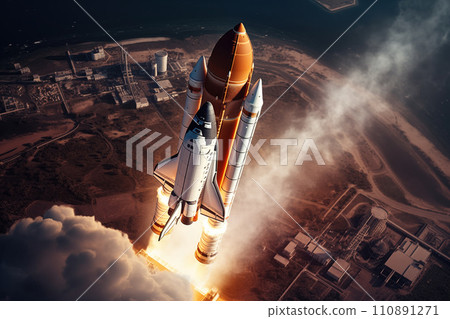 Aerial view of rocket launch at sunrise over ocean coast Aerial view of rocket launch at sunrise over ocean coast 110891271