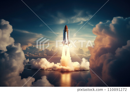 Aerial view of rocket launch at sunrise over ocean coast 110891272