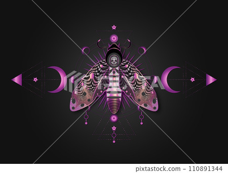 The death's head moth on Sacred Geometry. Night mystical butterfly with a skull and Moon Phases. Purple luxury vector illustration of celestial Acherontia winged insect isolated on black background The death's head moth on Sacred Geometry. Night mystical butterfly with a skull and Moon Phases. Purple luxury vector illustration of celestial Acherontia winged insect isolated on black background 110891344