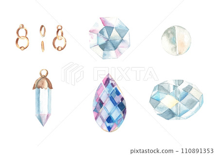 Jewelry set. White quartz crystal, glass crystals of different shapes, copper rings. Vintage design elements. Watercolor hand drawn illustration isolated on white background. 110891353