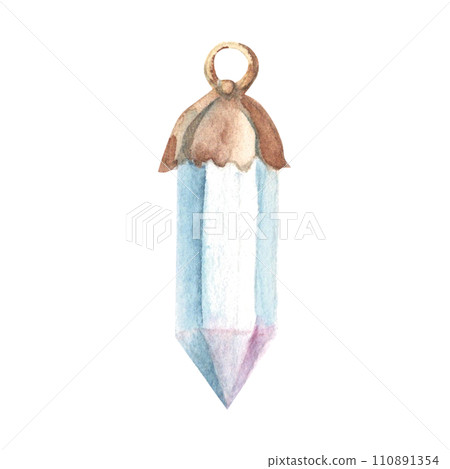 Jewelry white quartz crystal with copper frame. Vintage design element. Watercolor hand drawn illustration isolated on white background. 110891354