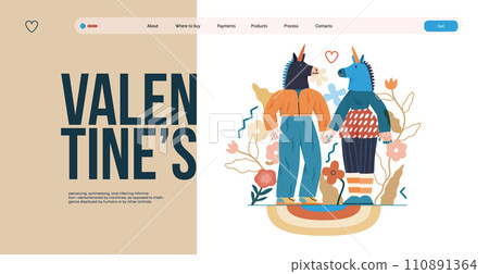 Valentine: Playful Connection - modern flat vector concept illustration of a couple in unicorn costumes holding hands. Metaphor of love, whimsical and imaginative side of romance Valentine: Playful Connection - modern flat vector concept illustration of a couple in unicorn costumes holding hands. Metaphor of love, whimsical and imaginative side of romance 110891364