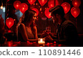AI-generated content. Valentine's Day. Side view portrait of laughing happy couple enjoying celebrating date in the romance restaurant . Two glasses of red wine and candles on the wooden desk 110891446