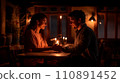 AI-generated content. Valentine's Day. Side view portrait of laughing happy couple enjoying celebrating date in the romance restaurant . Two glasses of red wine and candles on the wooden desk 110891452