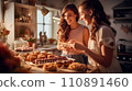 AI-generated content. Happy loving female couple preparing together yummy festive breakfast on March 8 in the kitchen at home. Generative AI 110891460