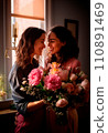 AI-generated content. Happy bright positive moments of two stylish caucasian girls wearing casual clothes giving a flower each other and smiling. Family day. Generative AI 110891469