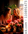 AI-generated content. Happy bright positive moments of two stylish caucasian girls wearing casual clothes giving a flower each other and smiling. Family day. Generative AI 110891473