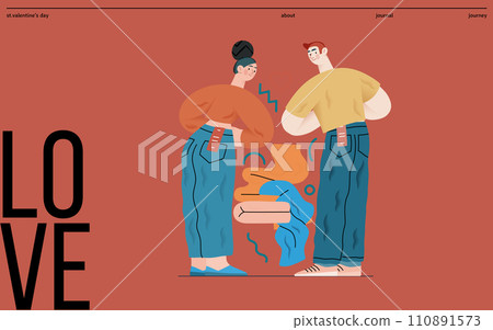 Valentine: Perfect Fit - modern flat vector concept illustration of a couple trying on jeans in a fitting room. Metaphor for finding the right match in love as in life Valentine: Perfect Fit - modern flat vector concept illustration of a couple trying on jeans in a fitting room. Metaphor for finding the right match in love as in life 110891573