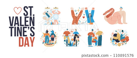 Valentines day illustrations set - modern flat vector concept illustrations of couples celebrating their love, acting together, floral environment. Metaphor of unity, affection, love, connection 110891576