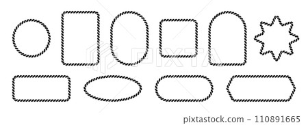 Vector rope frames. Borders of different geometric shapes are round, oval and square. Collection of isolated elements on a white background. 110891665