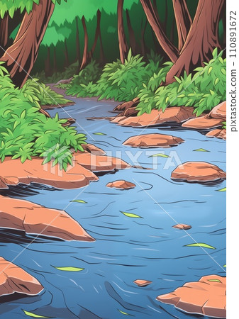 AI-generated content. Landscape with Forest River Illustration 110891672