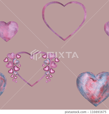 Seamless pattern with simple watercolor lilac hearts for Happy Valentines Day card or t-shirt design. Romance, relationship and love. Heart illustration. Hand drawn style 110891675