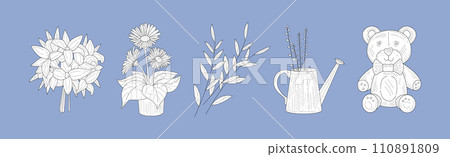 Handmade Craft Element with Teddy Bear Toy and Flower Bouquet Vector Set 110891809