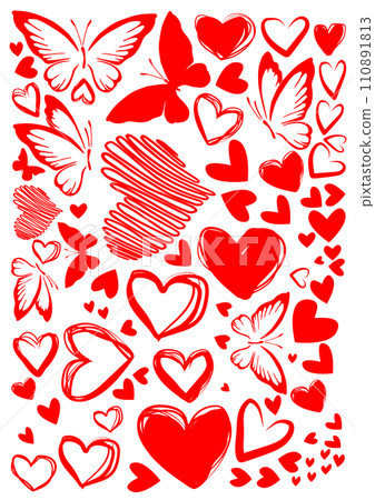 Set of red hearts and butterflies. Design elements for Valentine's day. hand drawing. Not AI. Vector illustration. 110891813