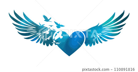 blue Heart and birds logo. hand drawing. Heart with wings. Not AI. Happy Valentine's Day. Vector illustration 110891816