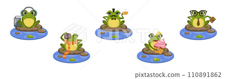 Cute Green Frog Character as Croaking Swamp Animal Sit on Pebble Vector Set 110891862