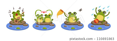 Cute Green Frog Character as Croaking Swamp Animal Sit on Pebble Vector Set 110891863