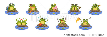Cute Green Frog Character as Croaking Swamp Animal Sit on Pebble Vector Set 110891864