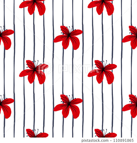 Red lilies and stripes. Mixed media illustration. Seamless abstract pattern 110891865