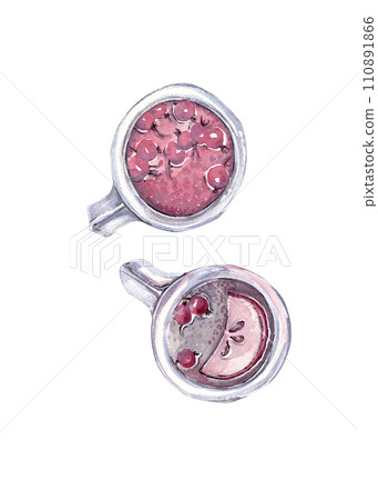 A couple of mugs with compote. View from above. Fruit and berry drink. Mixed media illustration 110891866
