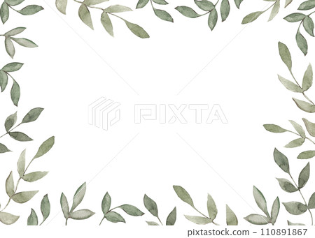Green branches with leaves. Watercolor illustration. Rectangular frame made of branches 110891867