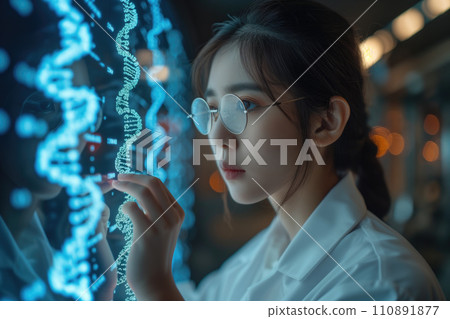 young asian woman working with futuristic transparent interface young asian woman working with futuristic transparent interface 110891877