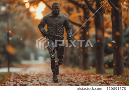 athlete with futuristic prosthetic legs jogging in the park athlete with futuristic prosthetic legs jogging in the park 110891878