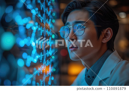 young asian man working with futuristic transparent interface young asian man working with futuristic transparent interface 110891879