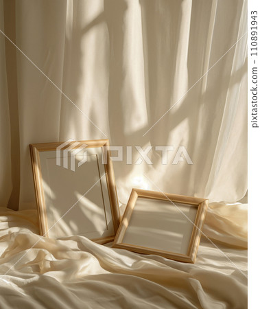 Set of blank white poster frames up template, interior in fusion style with white walls and curtains. Play of light and shadow 110891943