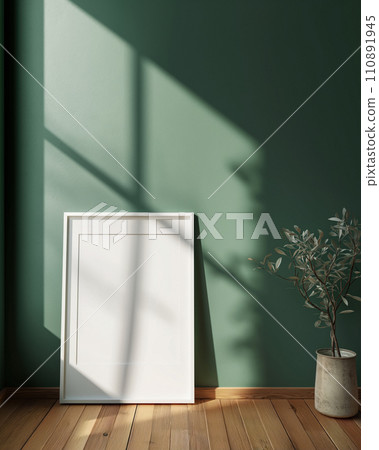 Blank white poster frame with white passe-partout mock up template, room interior in scandinavian style, dark green walls, wooden floor and green plant. Ray of sun 110891945