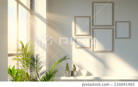 Set of blank white squared poster frames mock up template, interior in fusion style with white walls and green plants. Play of light and shadow 110891985