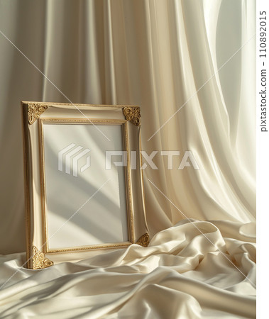 Blank classic brown poster patterned frame mock up template, room interior in fusion style with milk color cover, curtains. Play of light and shadow 110892015