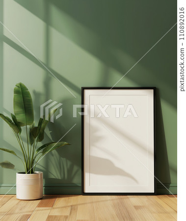 Blank black thin poster frame with white passe-partout mock up template, room interior in scandinavian style, dark walls, wooden floor and green plant. Ray of sun 110892016