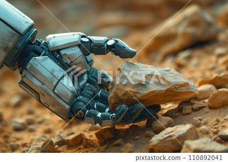 hand of a humanoid robot picks up a mineral sample from the surface of the planet hand of a humanoid robot picks up a mineral sample from the surface of the planet 110892041