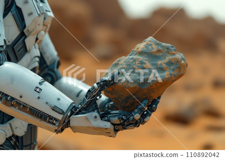 humanoid robot exploring a mineral sample on the planet Mars 110892042
