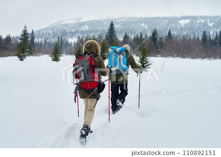 Rear view of hikers with backpacks in warm clothing using trekking poles while walking in snow during winter recreation 110892151