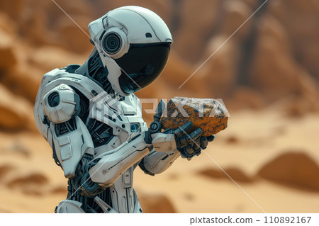 humanoid robot exploring a mineral sample on the planet Mars humanoid robot exploring a mineral sample on the planet Mars 110892167