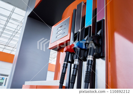 Background image of modern fuel pump with several petrol dispensers, copy space 110892212