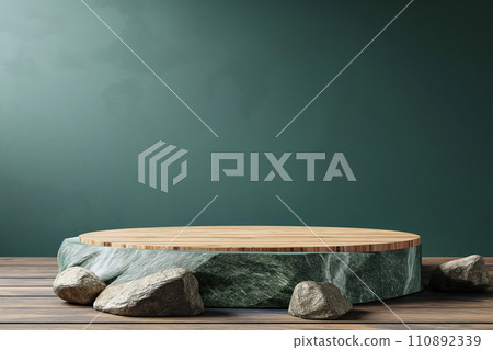 Minimal podium for cosmetic product presentation made of stone and wood. Natural product present placement display, beauty product promotion mockup. Trendy minimalist natural background 110892339