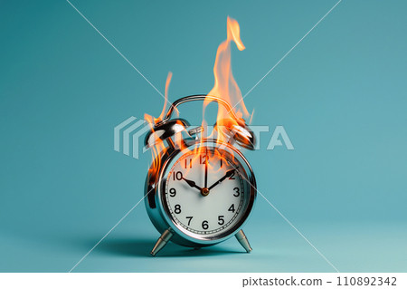Burning alarm clock. Time out or deadline pressure concept. Clock on fire, symbol of hot sale, discounts, shopping time, countdown. Oversleep, waste of time, insomnia. Time is ending, running out. Burning alarm clock. Time out or deadline pressure concept. Clock on fire, symbol of hot sale, discounts, shopping time, countdown. Oversleep, waste of time, insomnia. Time is ending, running out. 110892342