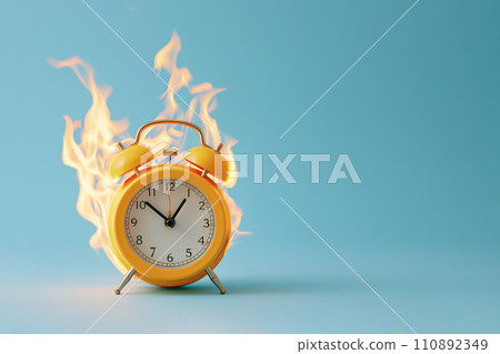 Burning alarm clock. Time out or deadline pressure concept. Clock on fire, symbol of hot sale, discounts, shopping time, countdown. Oversleep, waste of time, insomnia. Time is ending, running out. 110892349