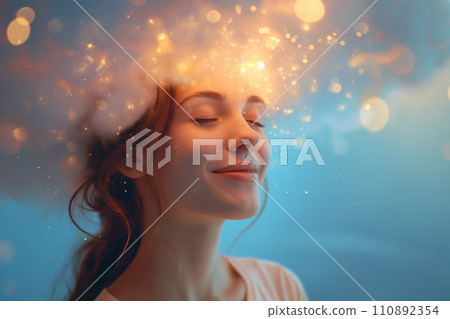 Happy woman with cloud above her head, stars and sparkles as a symbol of dreaming, happiness, joy. Positive thoughts, planning. Imagination and thinking, romantic dreamy mood. Mental health concept 110892354